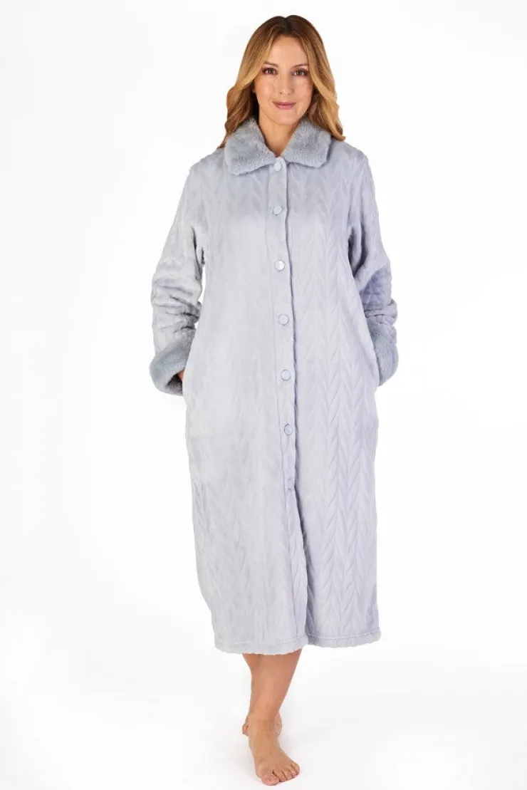 Patterned Faux Fur Collar 46" Button Through Housecoat HC4336