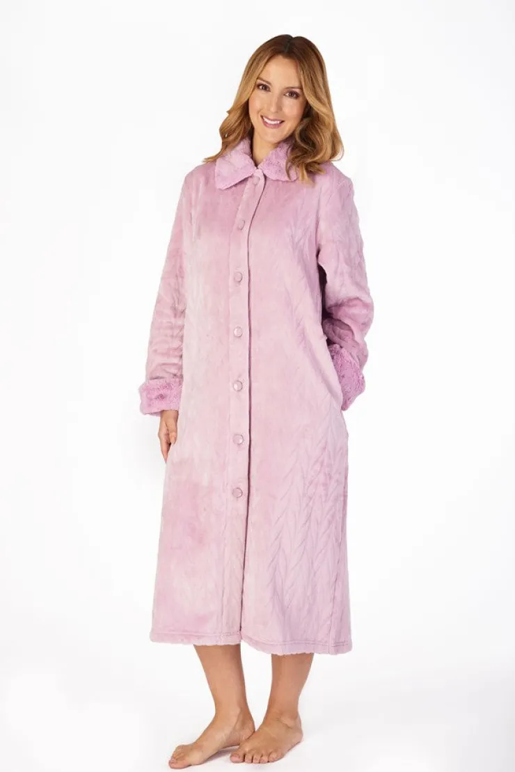 Patterned Faux Fur Collar 46" Button Through Housecoat HC4336