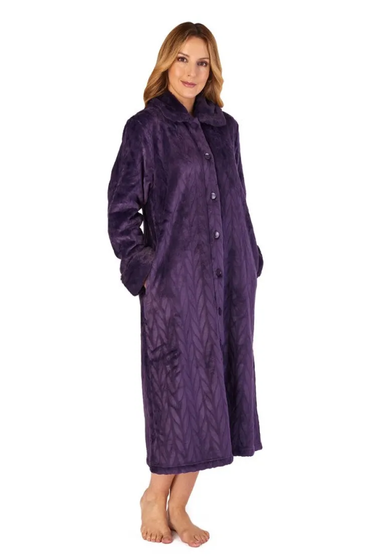 Patterned Faux Fur Collar 46" Button Through Housecoat HC4336