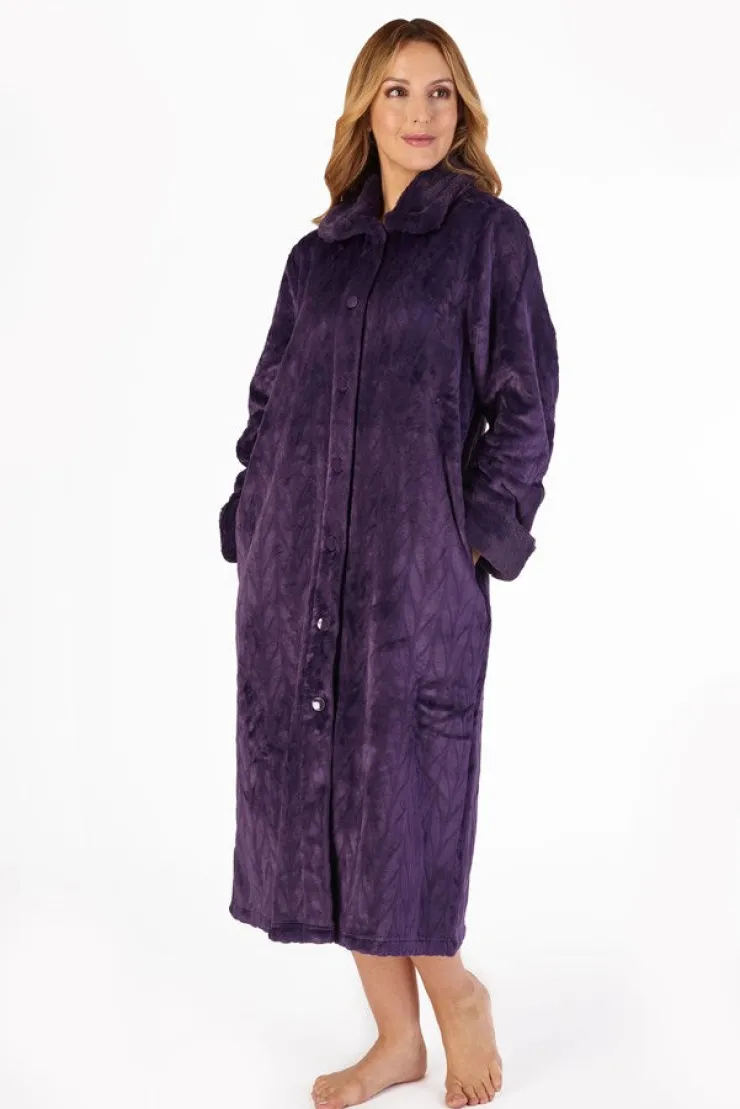 Patterned Faux Fur Collar 46" Button Through Housecoat HC4336