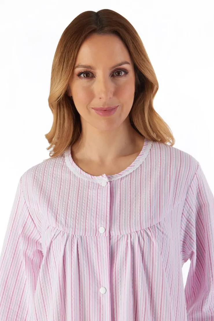 Pinstripe Seersucker 45" Popper Front Woven Housecoat HC55227