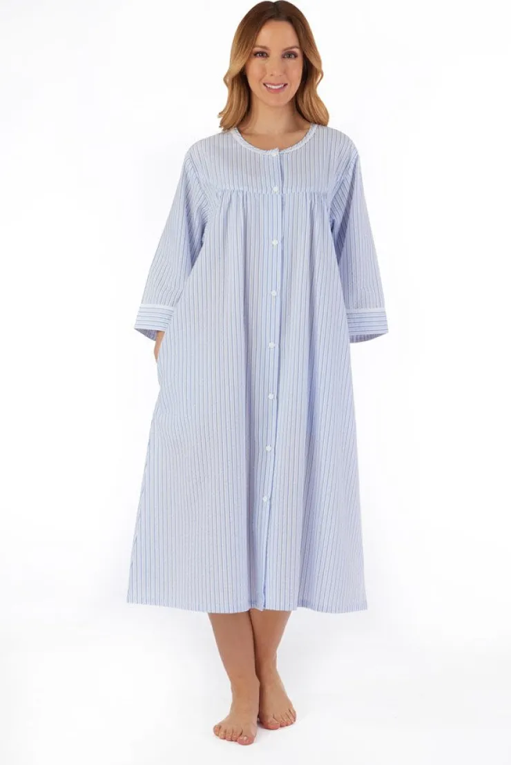 Pinstripe Seersucker 45" Popper Front Woven Housecoat HC55227
