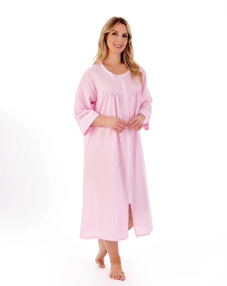 Classic Stripe Seersucker 45" Zip Front Woven Housecoat HC01229