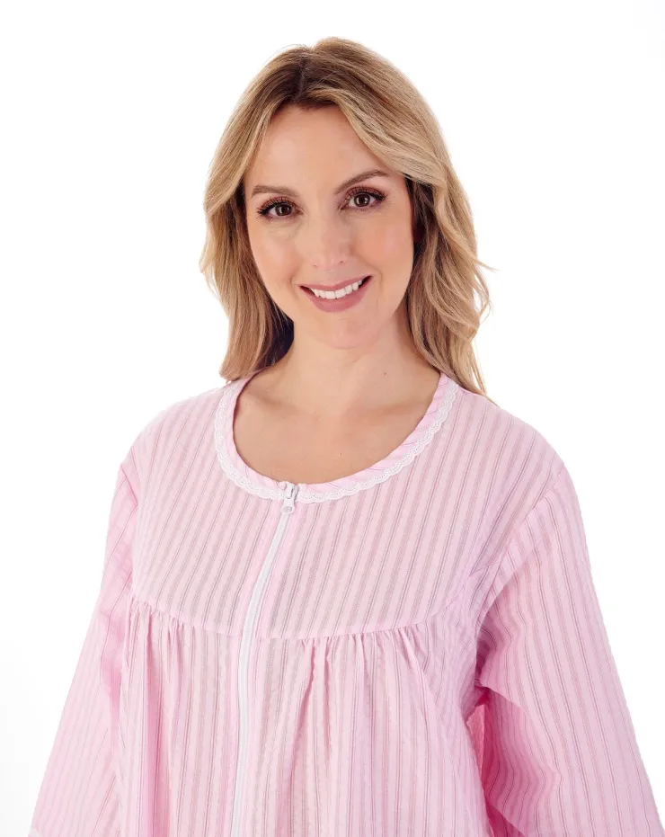 Classic Stripe Seersucker 45" Zip Front Woven Housecoat HC01229