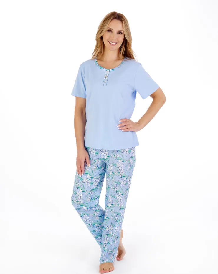 Tropical Flower Print Jersey Top with Woven Trouser Pyjama PJ05222