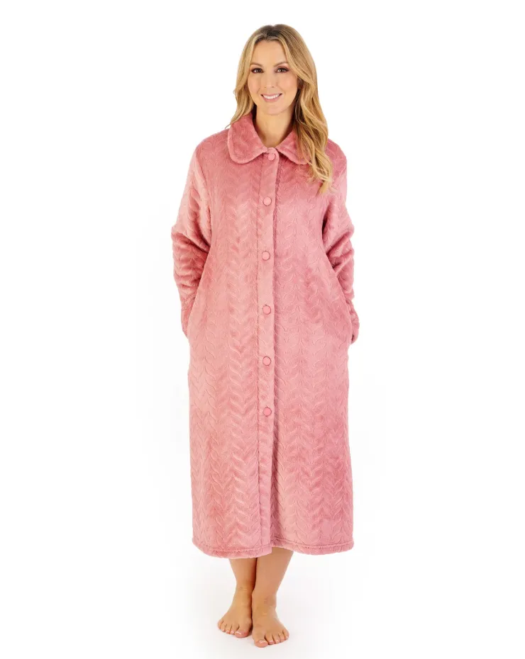 Embossed Pattern Fleece 46" Button Through Housecoat HC06316
