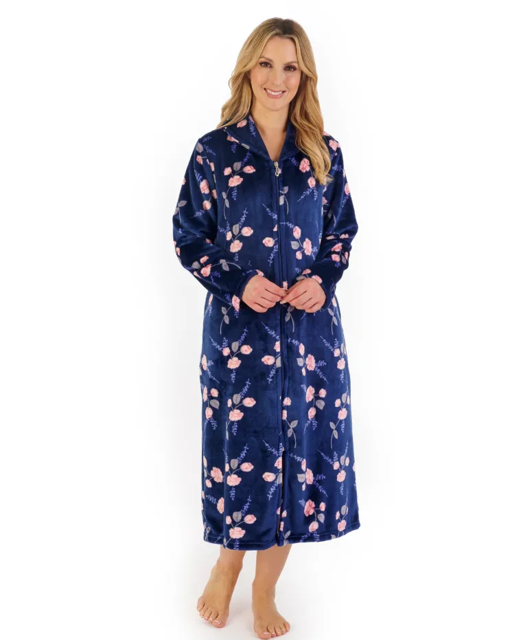 Floral Flannel Fleece 46" Zip Through Housecoat HC06312