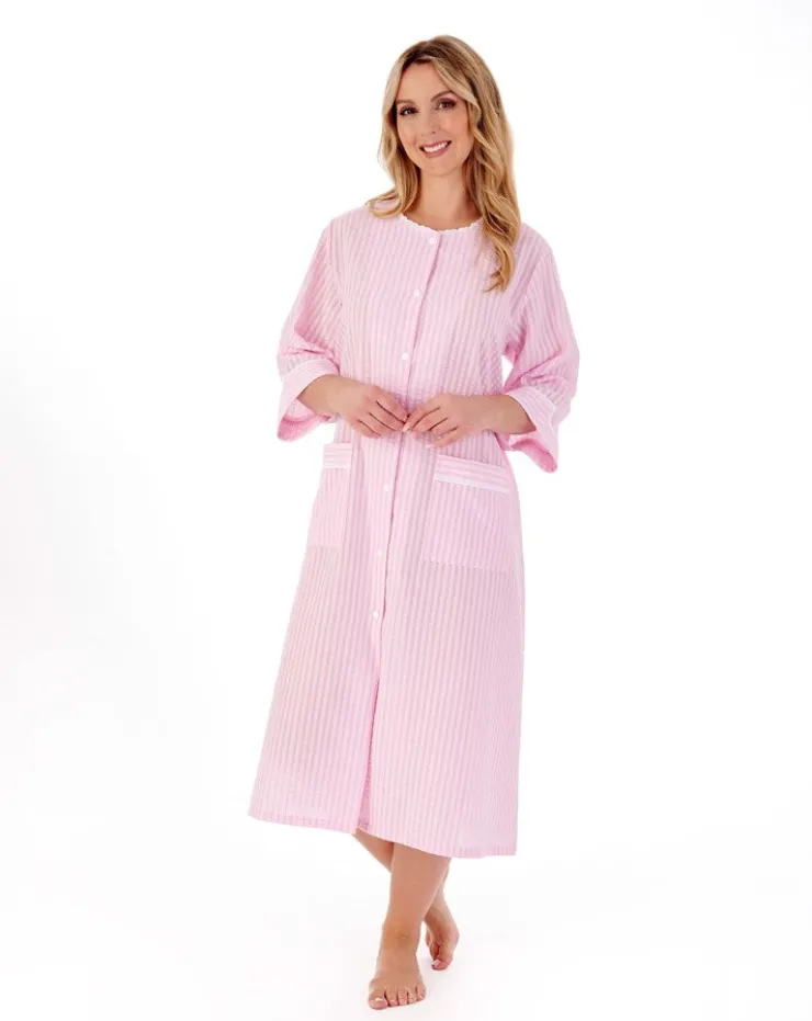 Classic Stripe Seersucker 45" Popper Woven Housecoat HC01226