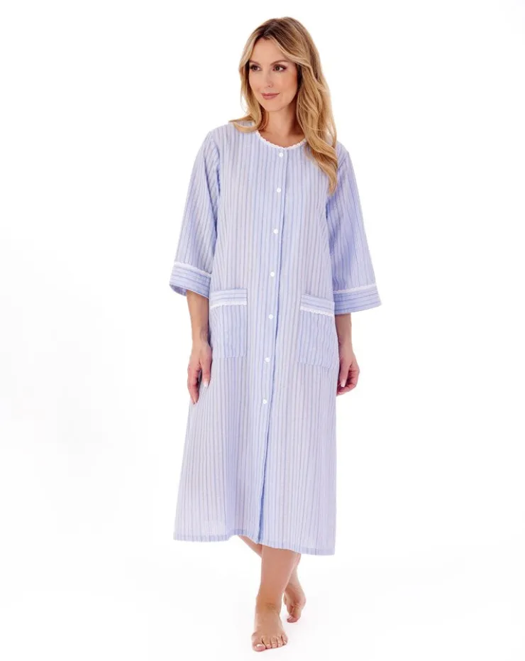 Classic Stripe Seersucker 45" Popper Woven Housecoat HC01226